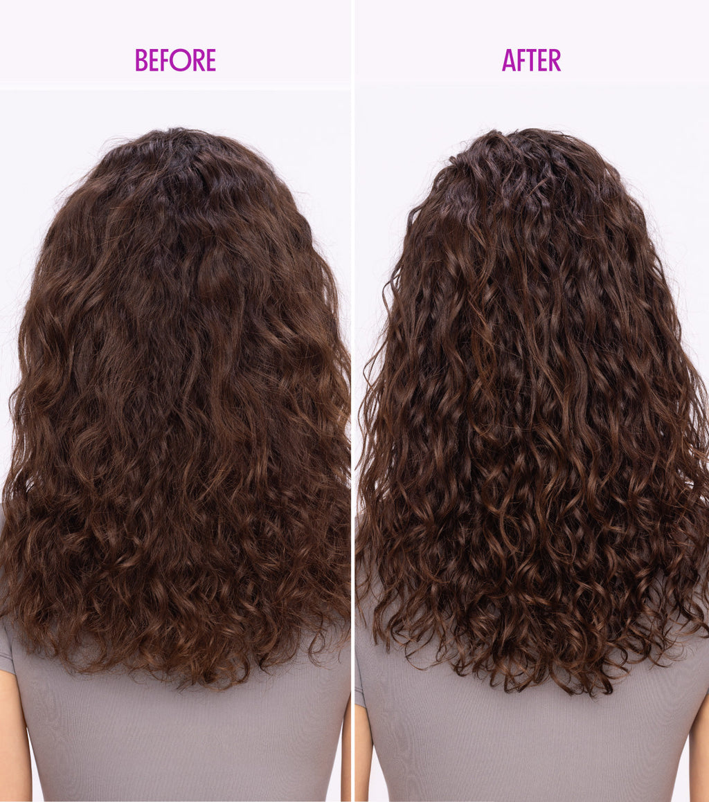 Before and after image of model with curly hair who used Curl Talk Fragrance & Protein Free Activating Mousse