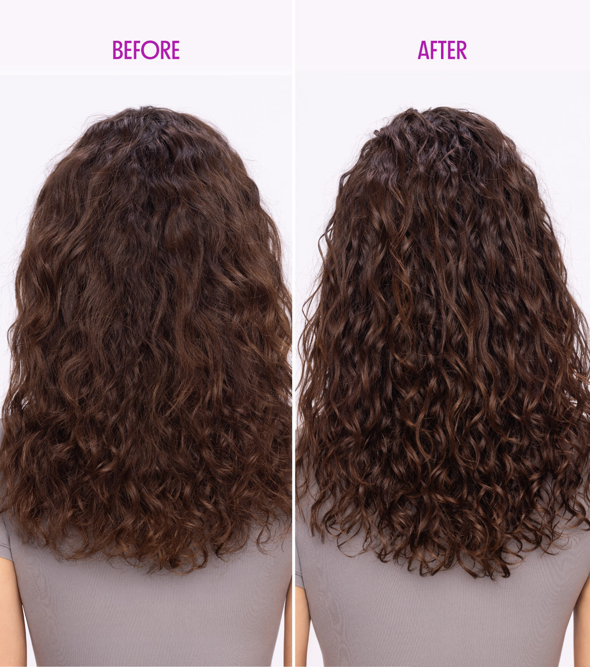 Before and after image of model with curly hair who used Curl Talk Fragrance & Protein Free Activating Mousse