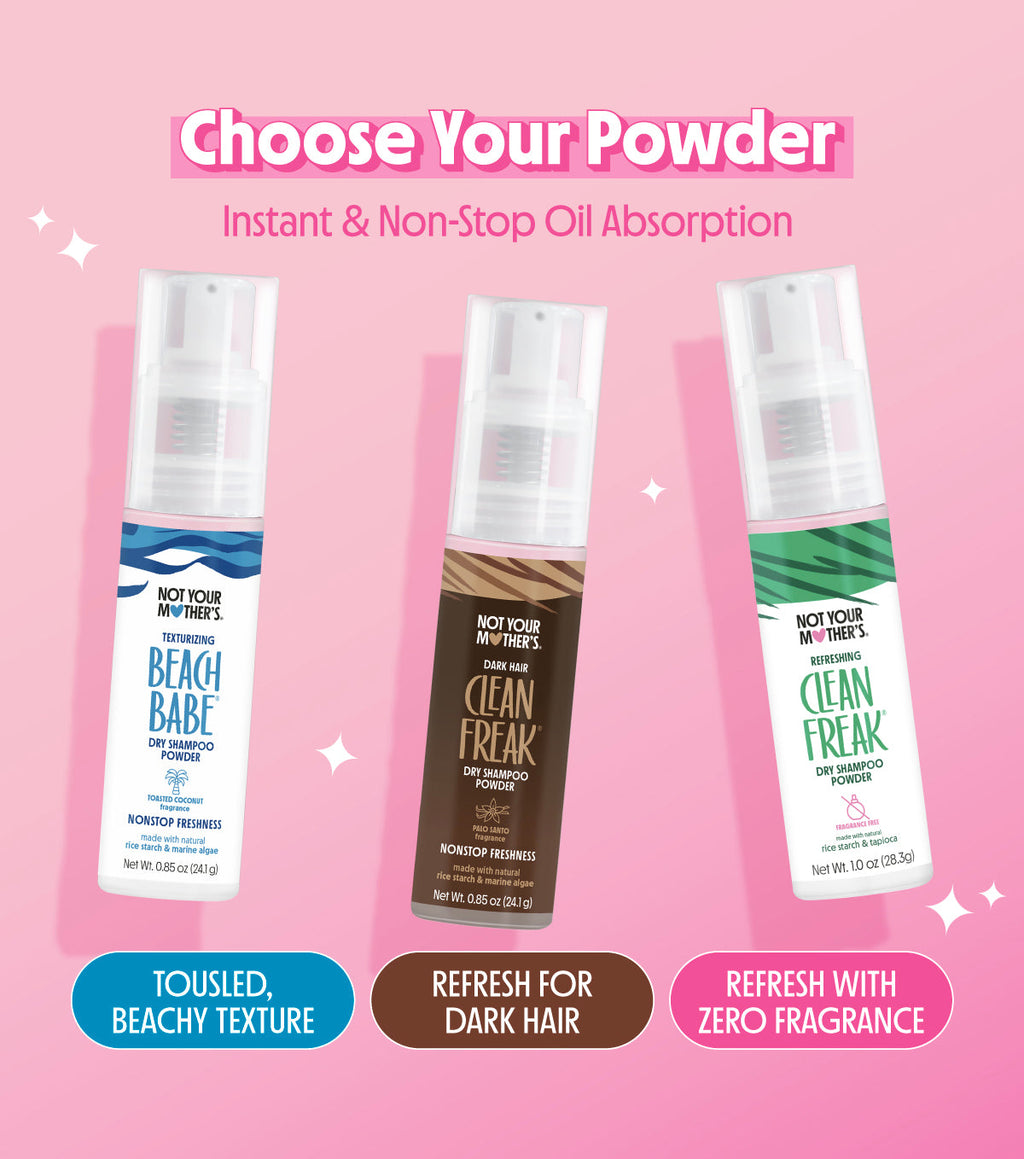 Three different dry shampoo powder options from Not Your Mother's