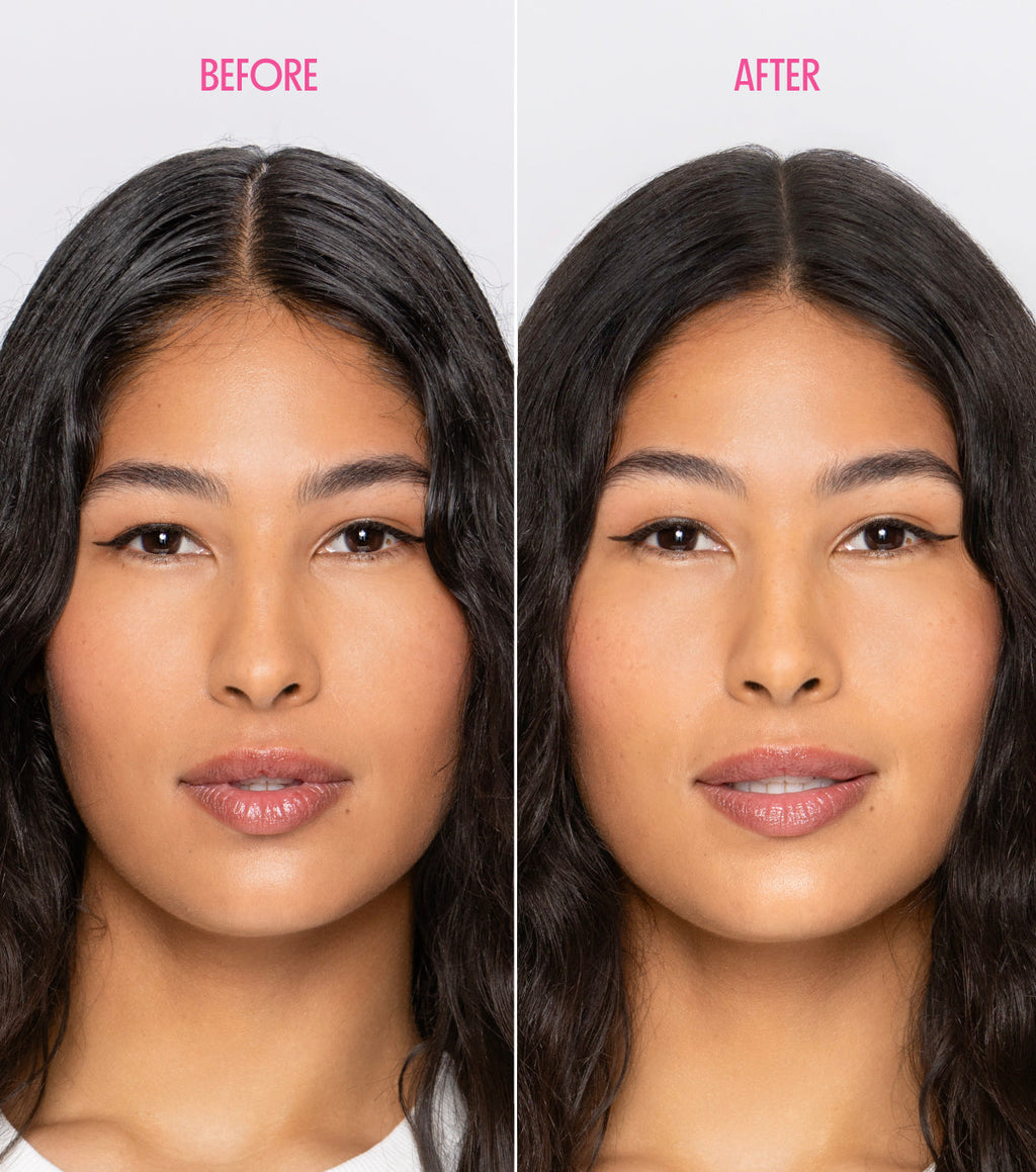 Before and After image of a model with dark hair