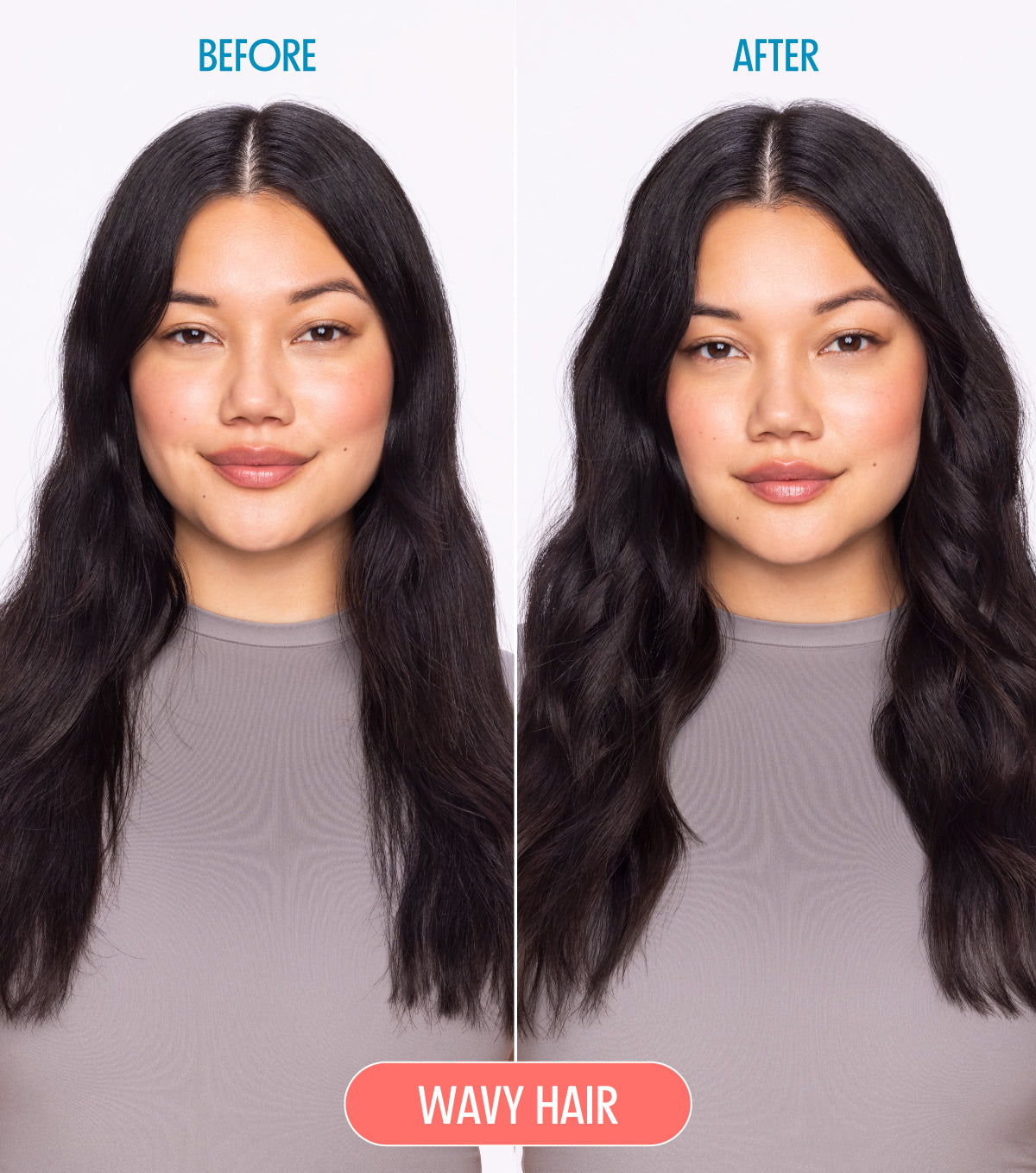 Before and after image of model with wavy hair
