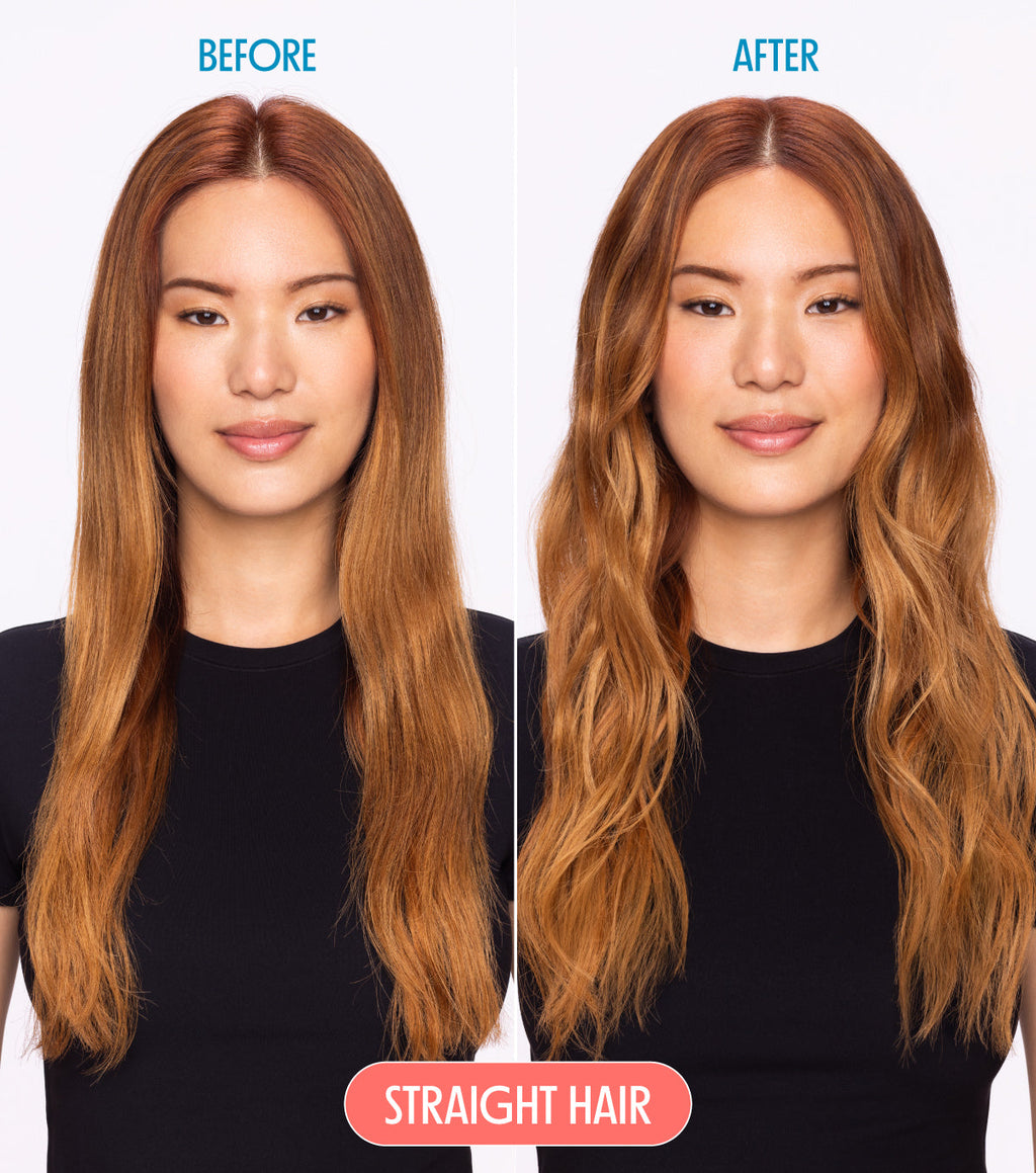 Before and after image of model with straight hair