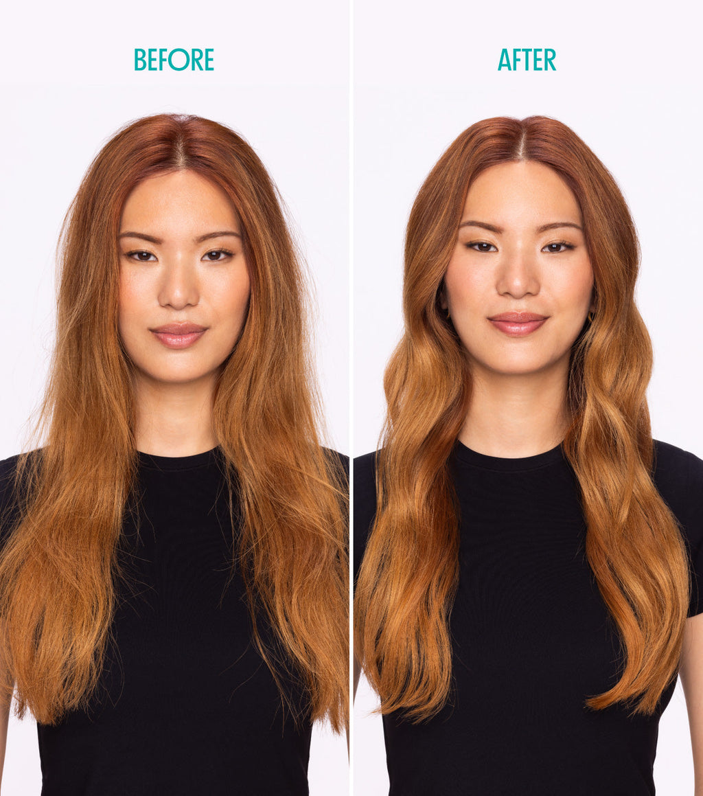 Before and After image of model who used Instant De Frizz Spray