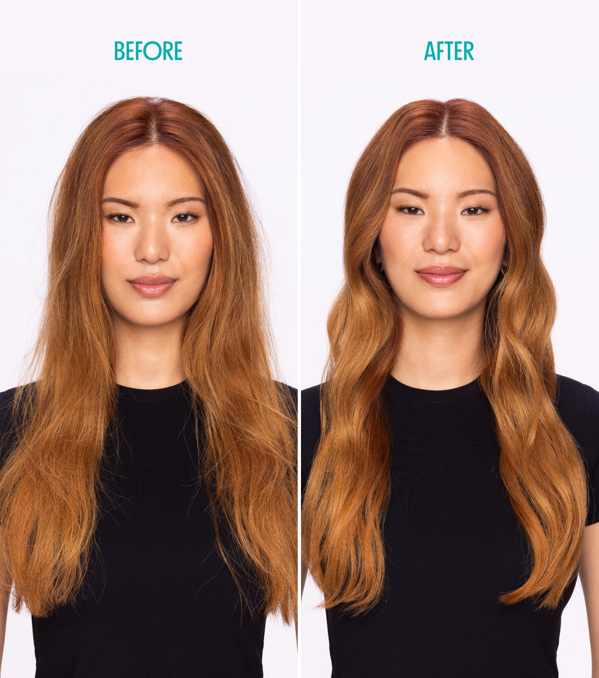 Before and After image of model who used Instant De Frizz Spray